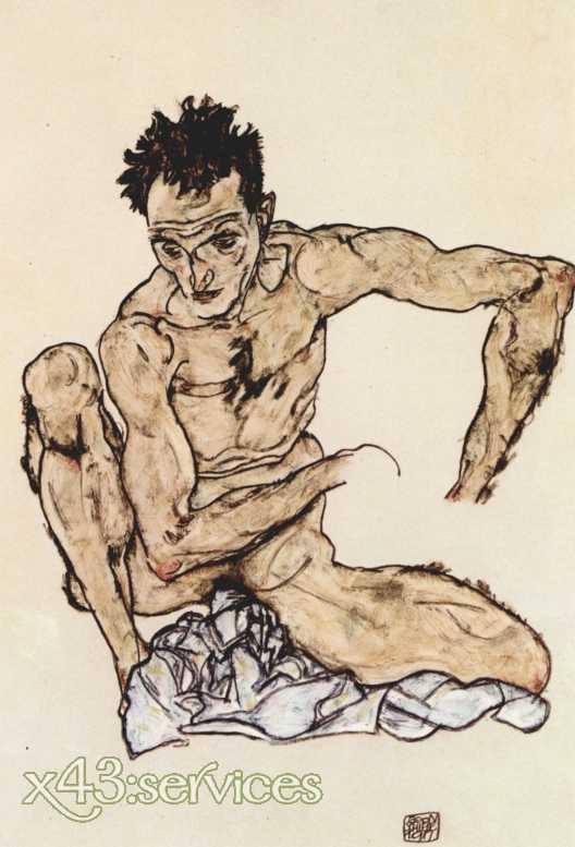 Egon Schiele - Hockender maennlicher Akt Selbstportrait